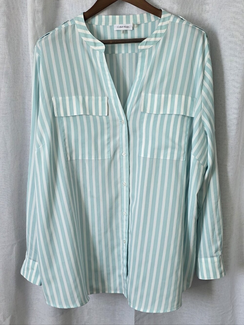 Calvin Klein Plus Size 3X Striped Blouse Blue White Vertical Stripes Office Care